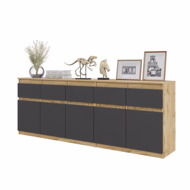Set Di Due Cassettiere (120 + 80 Cm) Rovere Wotan / Antracite, 5 Cassetti, 5 Ante, 5 Ripiani