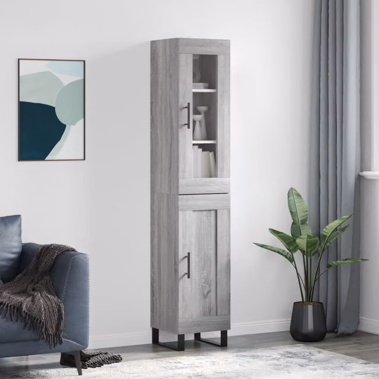 Credenza moderna vidaXL in legno e metallo con ante in vetro, Grigio, L: 34,5 cm, P: 34 cm, H: 180 cm