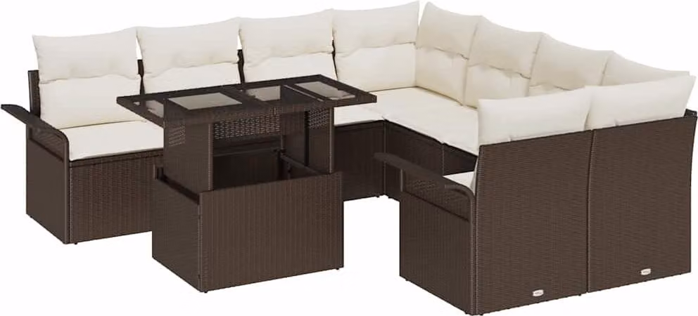 Set Divano da Giardino 9 pcs Marrone Rattan in Polipropilene