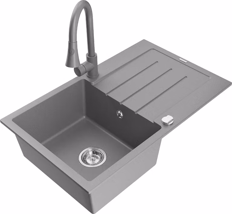 Mexen Bruno lavello in granito ad 1 vasca con sgocciolatoio e miscelatore cucina Elia, grigio - 6513-71-670101-71