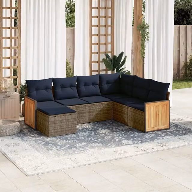 Set di divani da giardino vidaXL in polyrattan grigio con 7 pezzi e cuscini inclusi – 1
