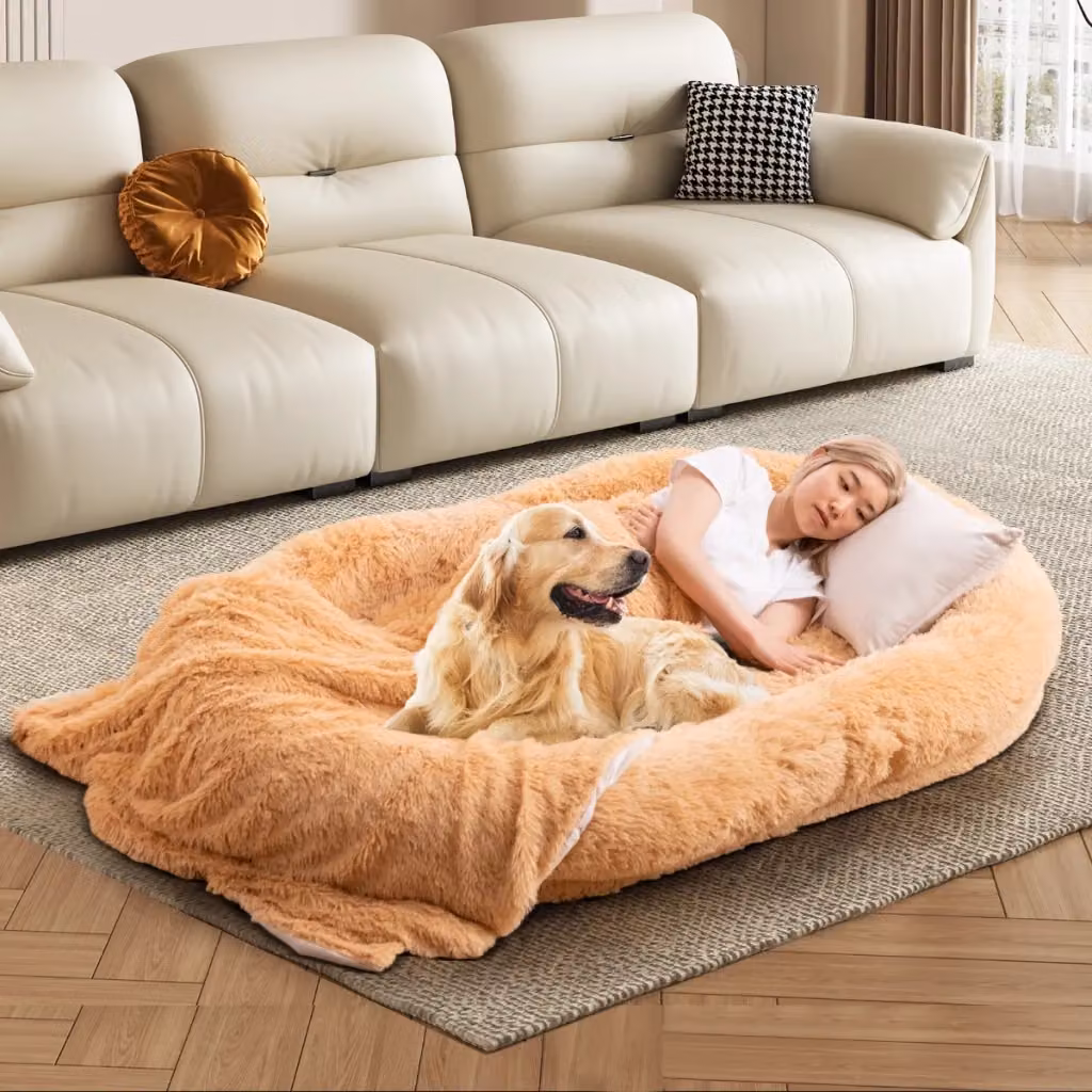 Letto ovale in pelo finto marrone con coperta cuscino e fodera rimovibile per adulti e cani – 2