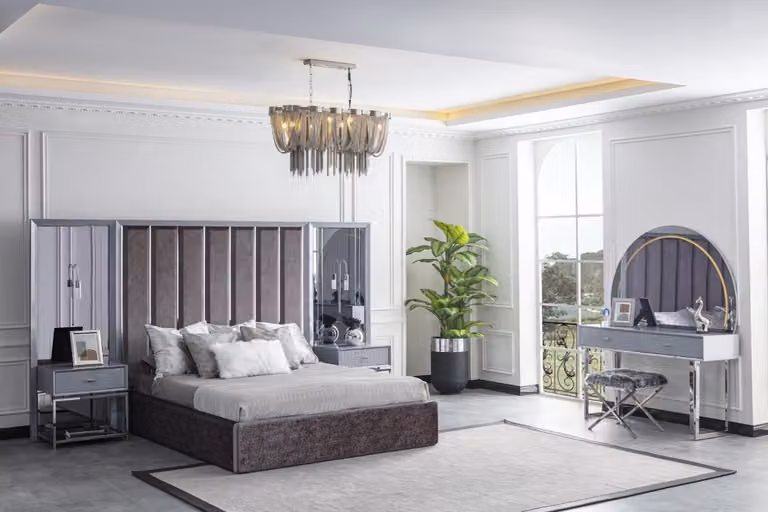 Schlafzimmer Möbel Set Grau Bett Schminktisch Nachttisch Hocker 6tlg.