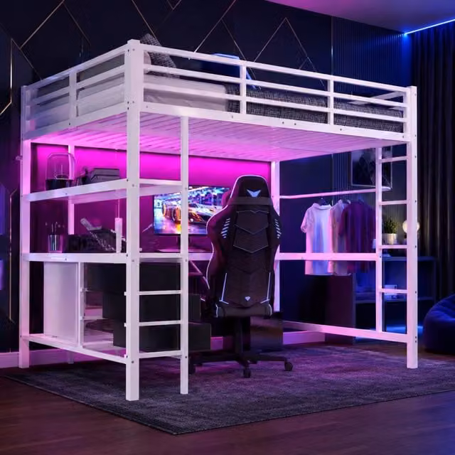 Letto a soppalco Mivray bianco con scrivania LED, porta USB, 3 cassetti e scala in metallo e MDF, L/P: 140 x 200 cm