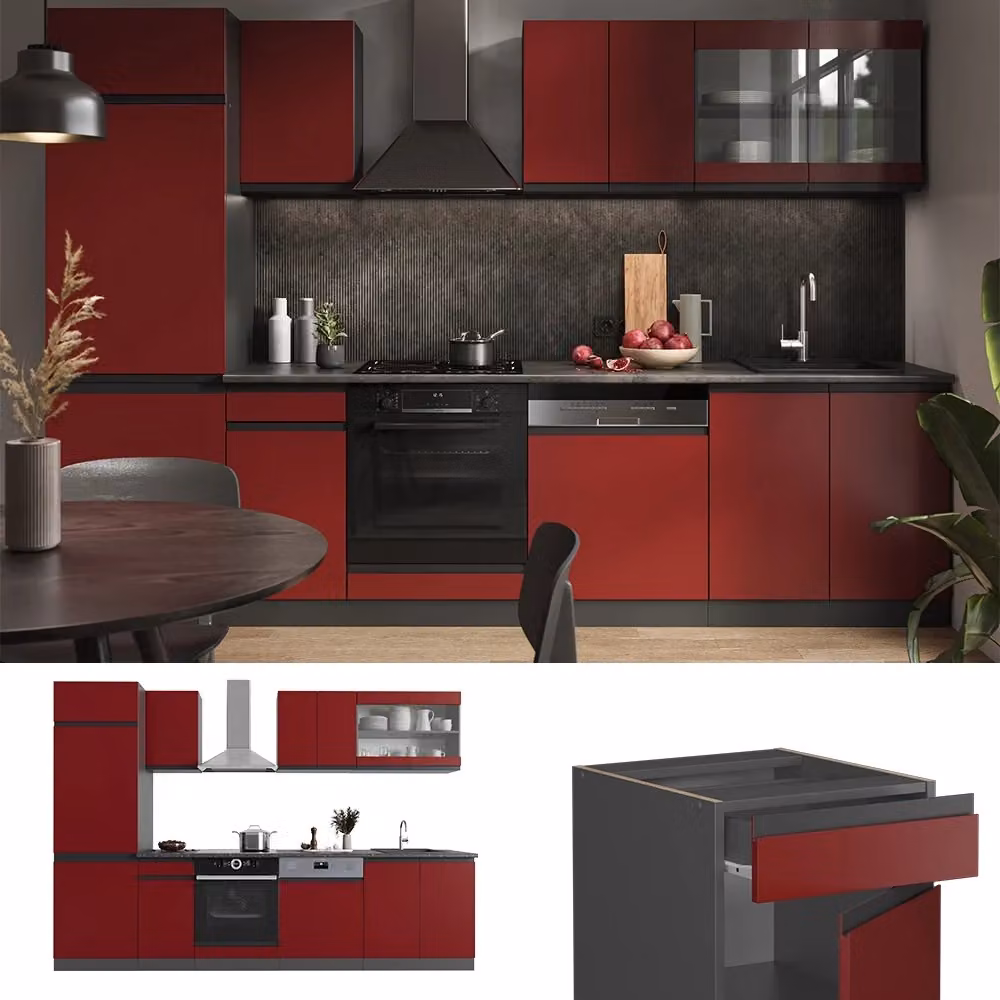 Cucina componibile moderna Vicco R-Line a forma di J in legno, colore Rosso e Antracite lucido, L: 300 cm – 2