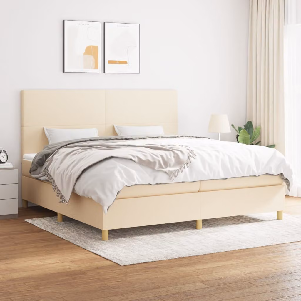 vidaXL Letto con Giroletto a Molle e Materasso a Tasche in Tessuto Beige e Bianco L/P: 200 x 200 cm
