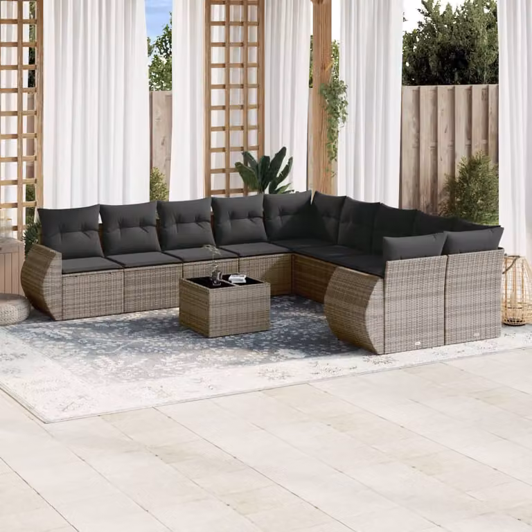 Set di Divani da Giardino vidaXL 11 pz in Polyrattan Grigio con Cuscini e Tavolino da Esterno a Forma di L