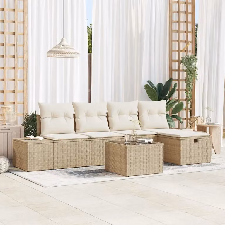 Set di divani da giardino vidaXL in rattan con cuscini beige e tavolino da esterno, composto da 6 pezzi con struttura in acciaio e design moderno a L