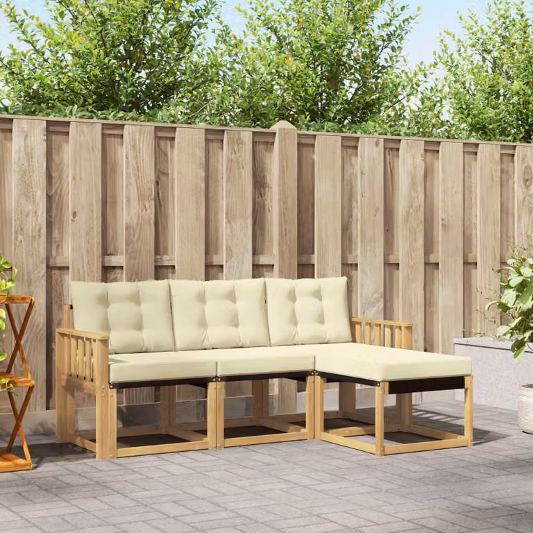 vidaXL Set di divani da esterno a L composto da 4 pezzi in legno di acacia con cuscini, colori bianco, beige e marrone