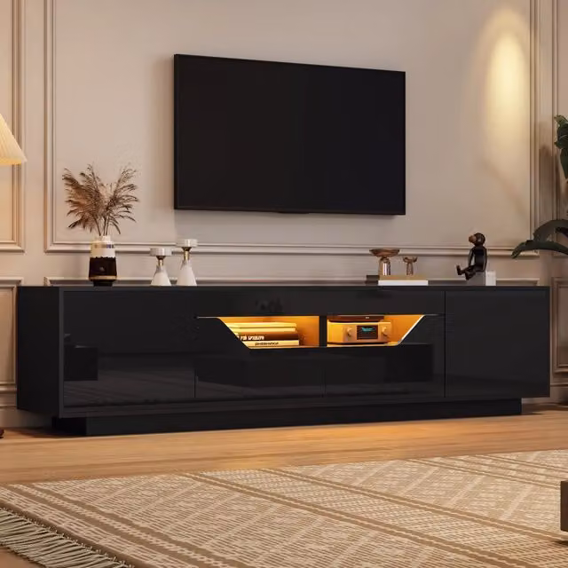 Mobile porta TV OKWISH moderno in legno nero lucido con illuminazione LED per soggiorno, L: 180 cm, P: 40 cm, H: 45 cm