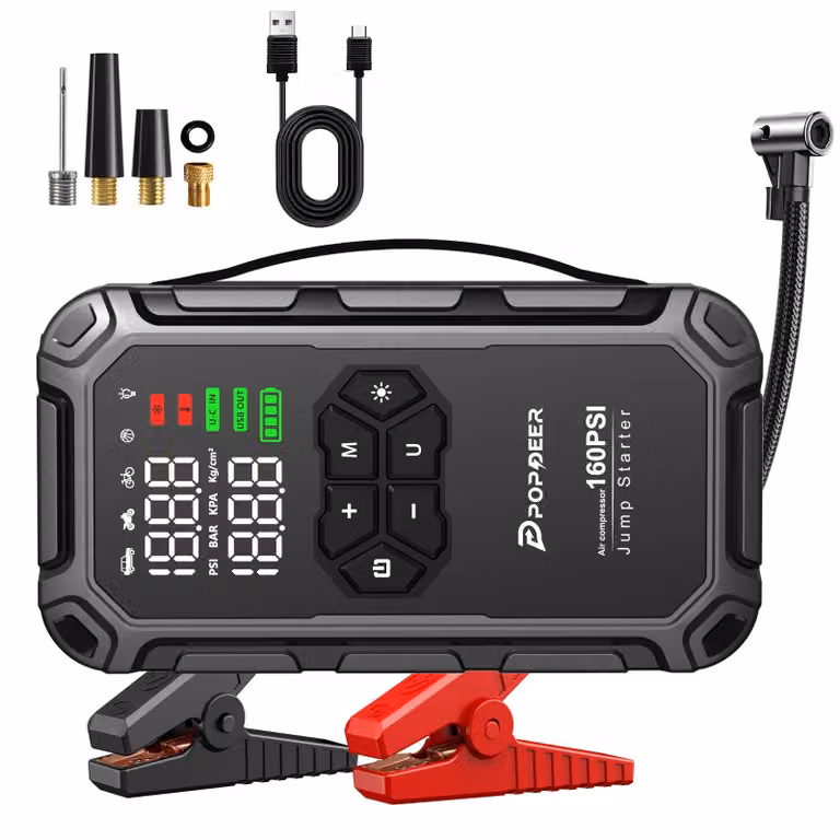 Power bank di avviamento di emergenza PD-JA66 - 6000 A - Compressore d'aria da 160 PSI - Adatto per motori a benzina e diesel fino a 8 litri - Display LCD - Porta USB - Luce LED