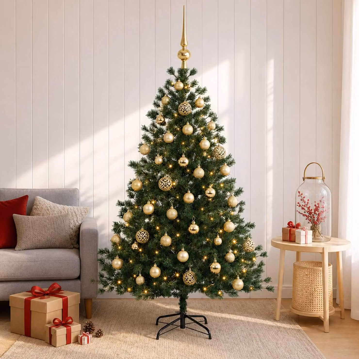 Albero di Natale artificiale con decorazioni natalizie, altezza 150 cm, 150 luci LED