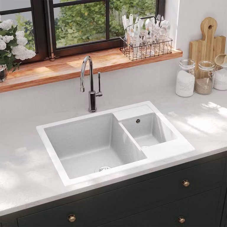 Lavello da Cucina Doppio con Foro Troppopieno vidaXL in Granito Bianco L/P/H: 58 x 44 x 42,1 cm