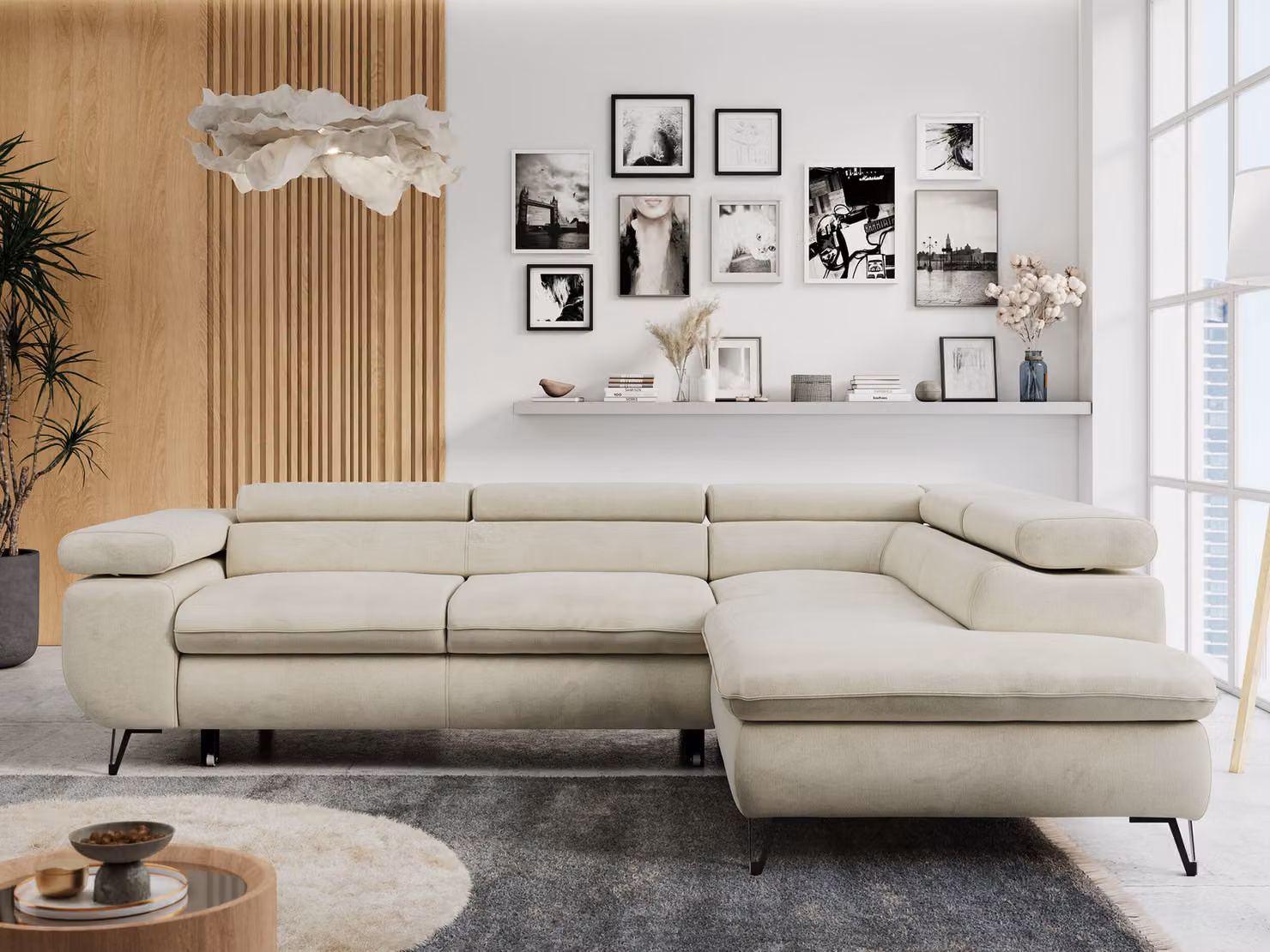 Divano angolare Beige, zona giorno a L con funzione letto e rete, divano letto con rete, divano con poggiatesta regolabili, Peter L - Beige Velvet - Right Beige