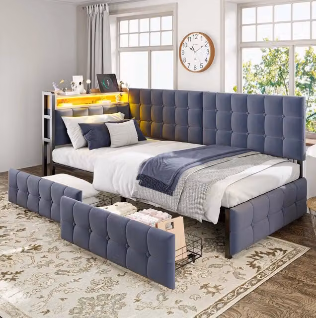Divano letto imbottito 90x200 cm con 2 cassetti; LED; USB e Type-C; grigio