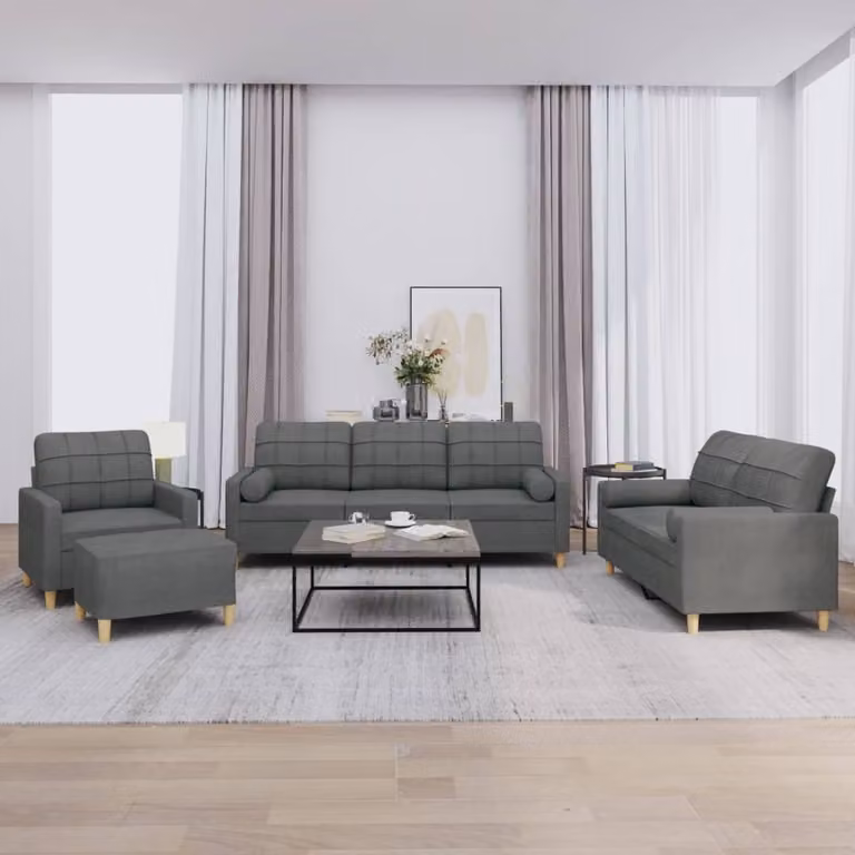 vidaXL Set di Divani Moderno 4 Pezzi in Tessuto Grigio con Cuscini e Pouf