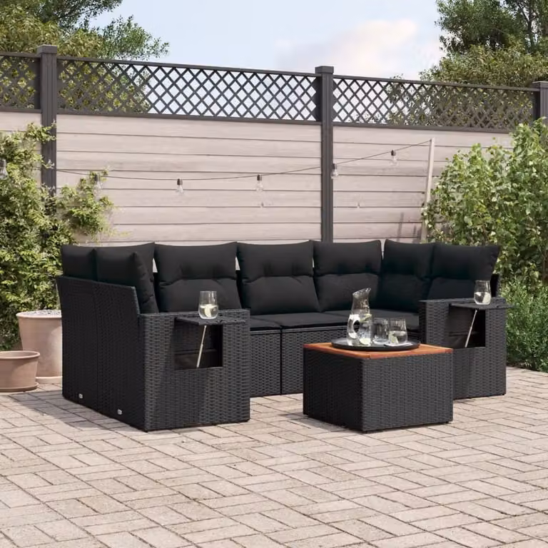 vidaXL Set Divani da Giardino a L con Cuscini 7pz Nero Polyrattan e Tavolino da Esterno