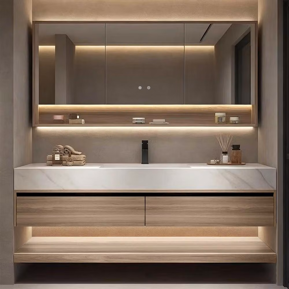 Lavabo in sinterizzata bianco, piano di lavoro con venature del legno, mobile sottolavabo, set con pensile [RW3256JG-110]