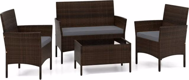 Set da conversazione modulare in polyrattan e metallo da 4 pezzi con cuscini inclusi per giardino e veranda, colore grigio e marrone
