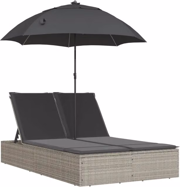 Lettino Prendisole | Sdraio da giardino | Lettino da sole Cuscini e Parasole Grigio Chiaro Polyrattan