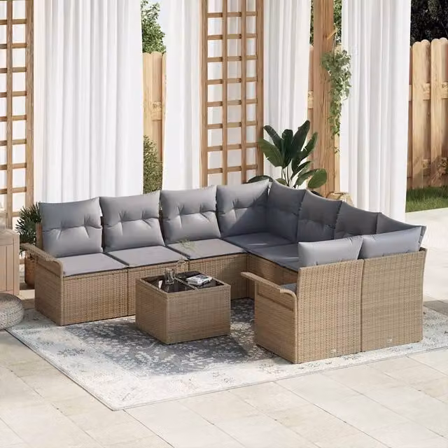 Set da giardino vidaXL in rattan con cuscini beige e grigio composto da 9 pezzi con struttura in metallo e tavolino in vetro