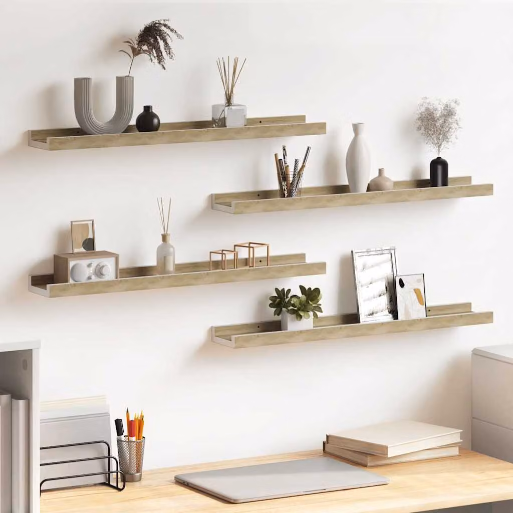 Set di 4 mensole da parete vidaXL in MDF, colore bianco e rovere sonoma, L: 60 cm, P: 9 cm, H: 3 cm
