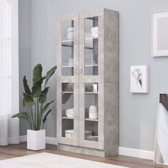 Armadietto Vetrina vidaXL Grigio con Ante in Vetro e Ripiani Interni, L 82,5 x P 30,5 x H 185 cm – 1