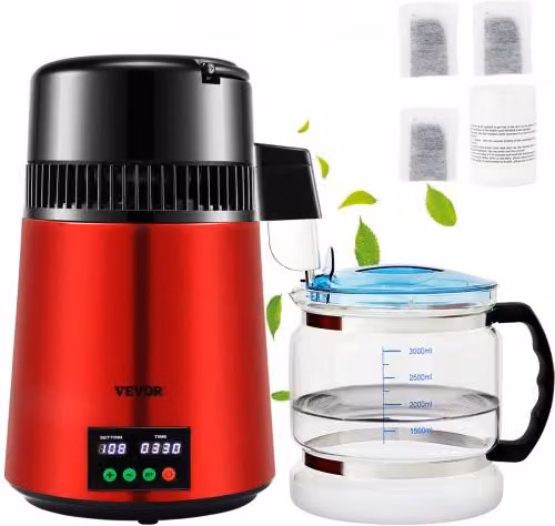Distillatore d'Acqua Vevor con Contenitore in Vetro e Acciaio Inox, Capacità 4L, Colore Rosso