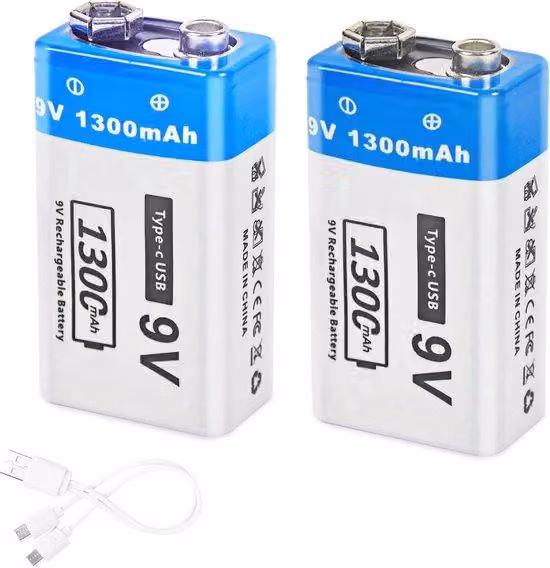 Batterie ricaricabili da 9 V con interfaccia USB-C - Batterie al litio-ione da 1300 mAh per rilevatori di fumo - Ricarica rapida - 2 pezzi