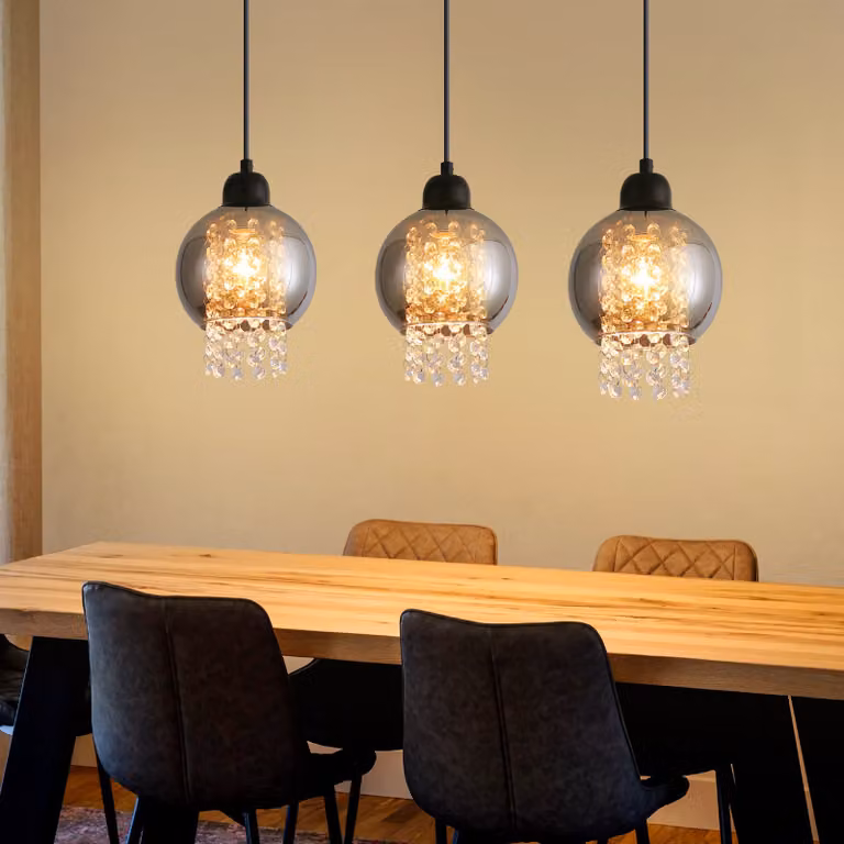 ZMH Ciondolo tavolo da pranzo lampada sala da pranzo lampada a sospensione lampada a sospensione soggiorno vetro tavolo da pranzo lampada nera camera da letto 3 fiamma E27 lampada a sospensione moderna lampada a sospensione di cristallo per la cucina (sen
