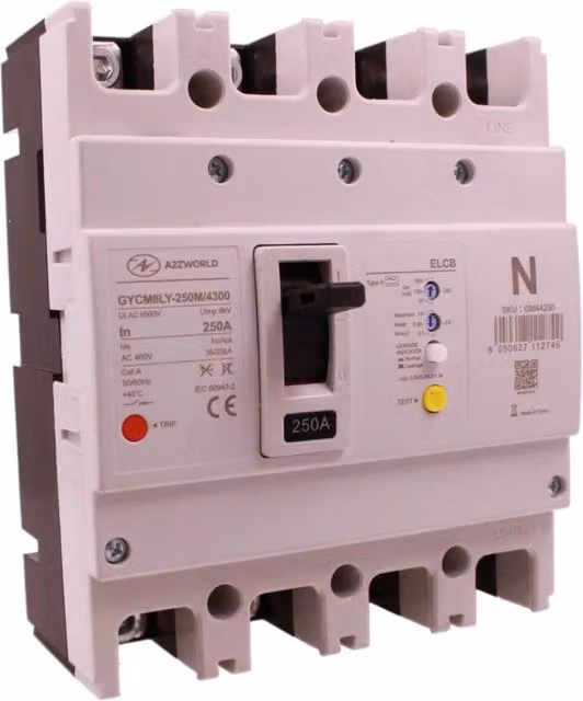 Interruttore Scatolato con Differenziale Tipo A A2ZWORLD 3P+N 250A 400V con Idn Regolabile 50-500mA e Ritardo di Intervento 0.1-2S