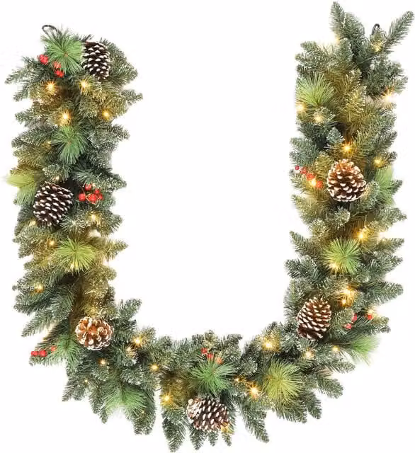 Ghirlanda Natalizia HOMCOM con Rami Innevati, 30 Luci LED Bianco Caldo, Pigne e Bacche, Lunghezza: 180 cm