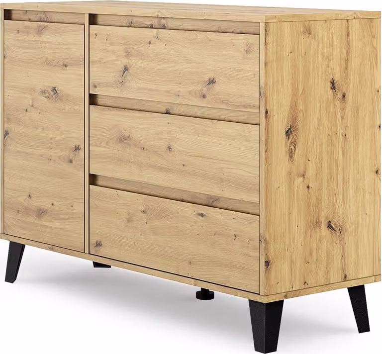 VBChome Comò con 1 anta e 3 cassetti 110 x 39 x 78 cm Artisan Comò senza maniglie Armadio multiuso per corridoio Camera da letto Soggiorno Camera dei bambini Moderno
