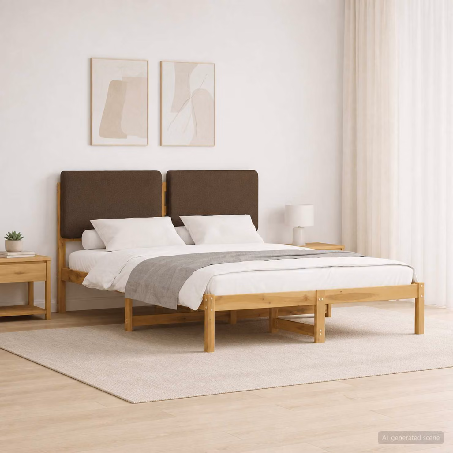 Letto con testiera rivestita vidaXL in legno di acacia e tessuto, Bianco lavato e Taupe, L: 135 cm, P: 190 cm, H: 85 cm
