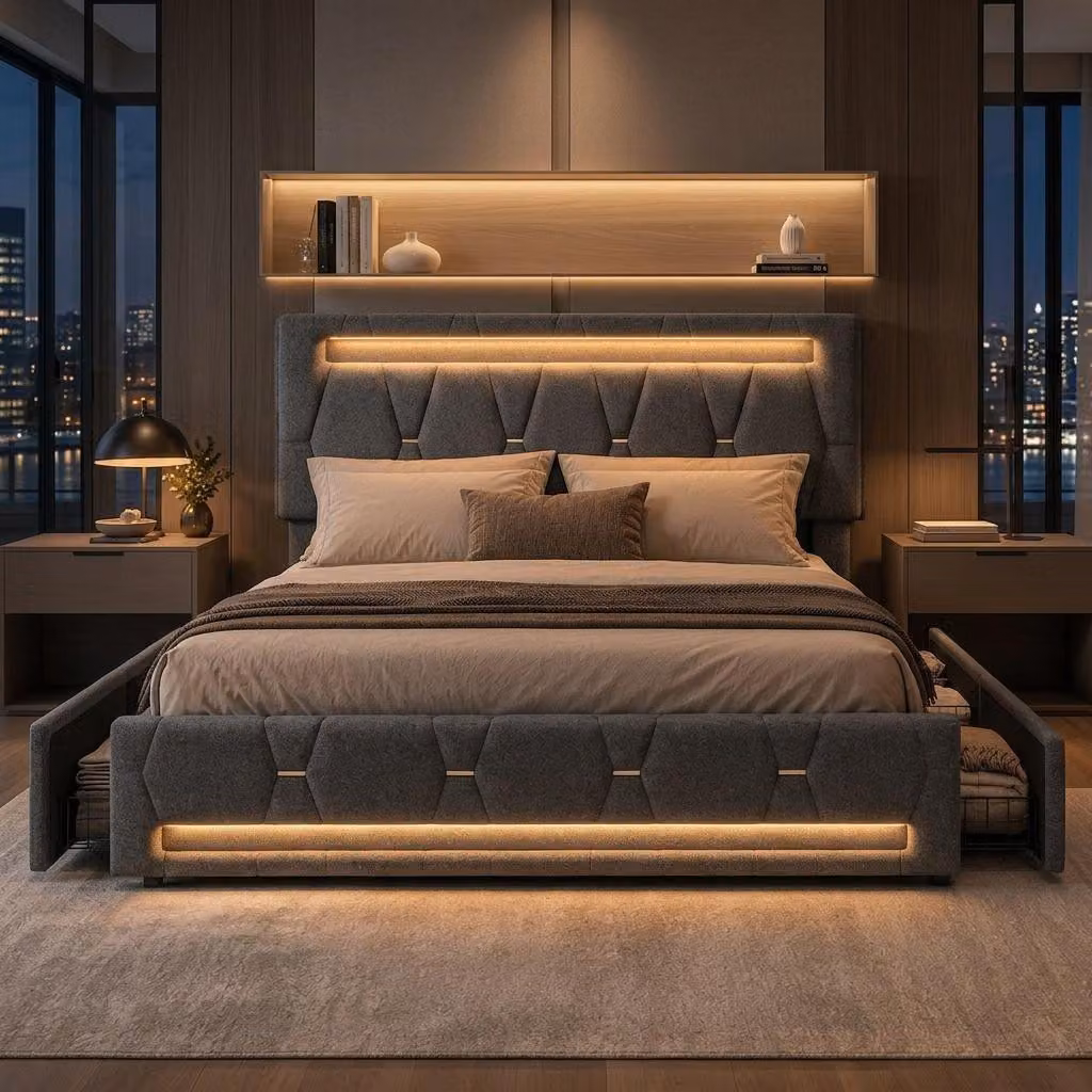 Letto imbottito INONEFT, 140x200 cm, con LED e poggiatesta regolabile in altezza, letto a una piazza o a due piazze con rete a doghe e 4 cassetti, letto contenitore, colore: grigio