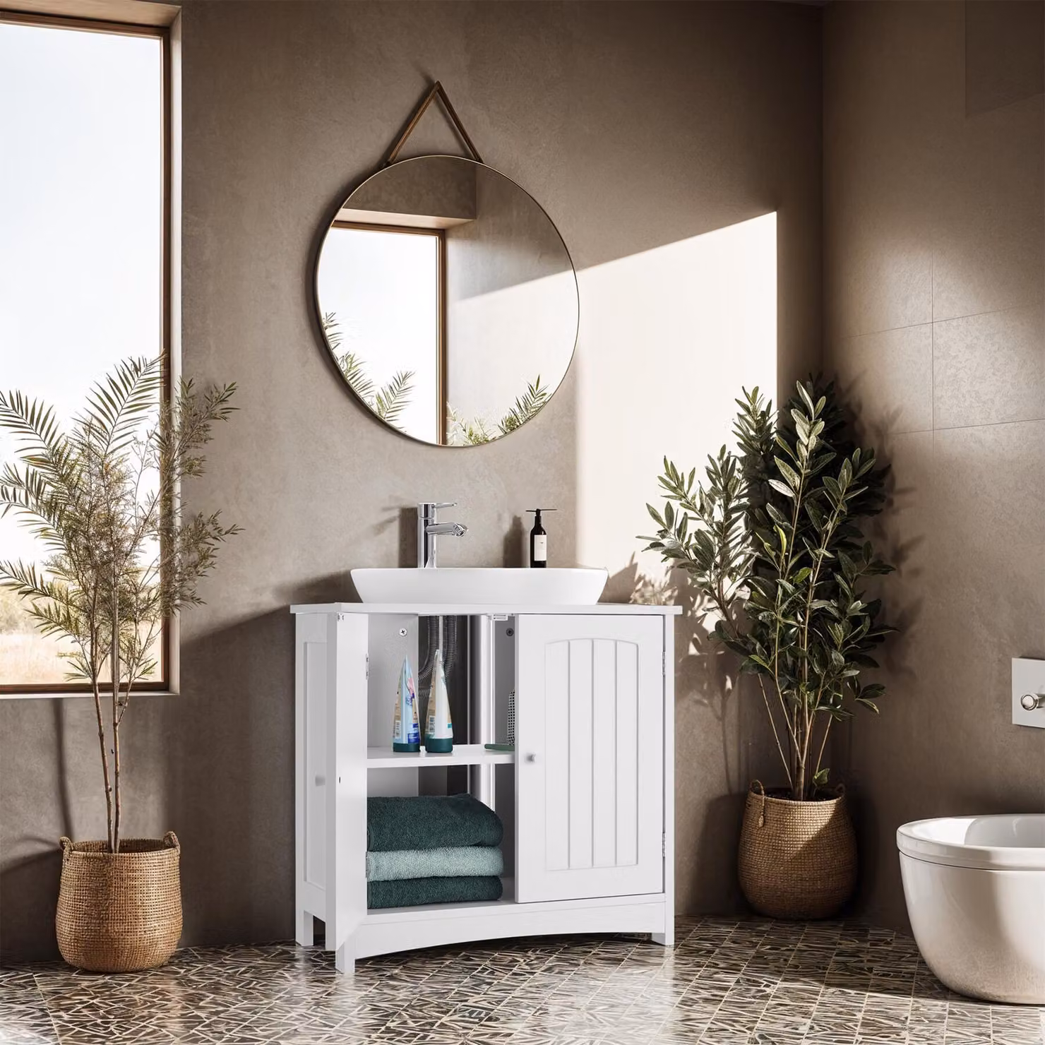 Mobiletto sottolavabo Tectake Jasper bianco con ante a battente e ripiani interni per bagno – 1