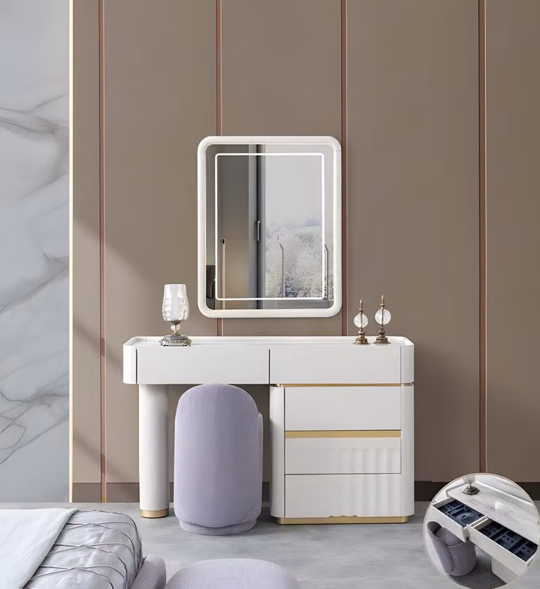 Luxuriöser Weißer Schminktisch Designer Polsterhocker Spiegel 3tlg