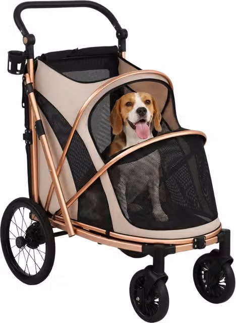 Passeggino per Cani Pieghevole fino a 20 kg con Ruote a 360° Finestre in Rete Cuscino e Manico Regolabile Marrone Chiaro