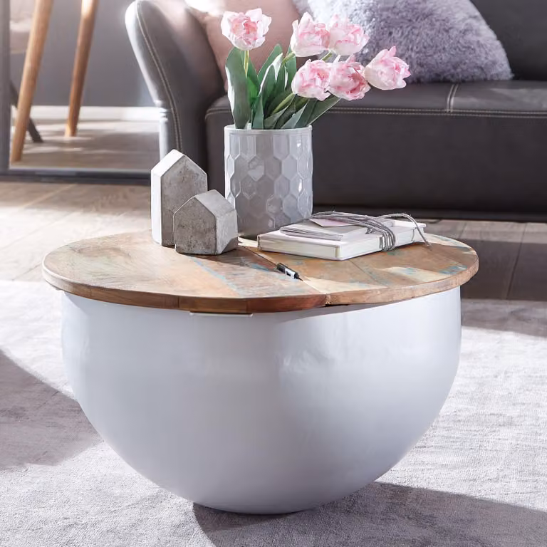 FineBuy Tavolino da salotto in legno di mango bianco 60x34x60 cm, legno massello e metallo, design industriale rotondo, tavolino da salotto con vano portaoggetti, tavolino da salotto moderno