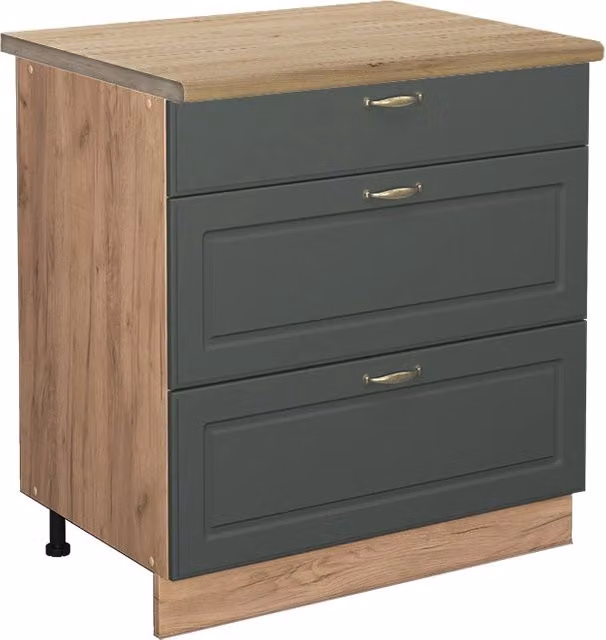 Mobiletto base per cucina Fame-Line Verde-oro rustico/Rovere dorato 80 cm con 3 cassetti, PL Rovere Vicco