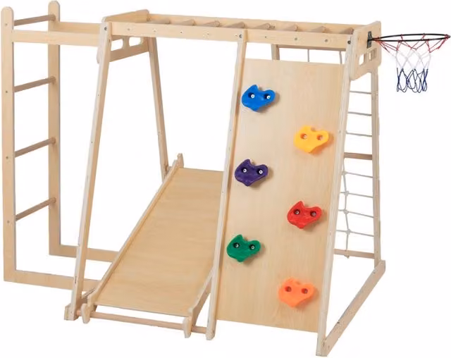 Parco giochi bambini 6 in 1 legno set arrampicata con scivolo, Parco giochi bambini arrampicata e canestro basket Legno naturale