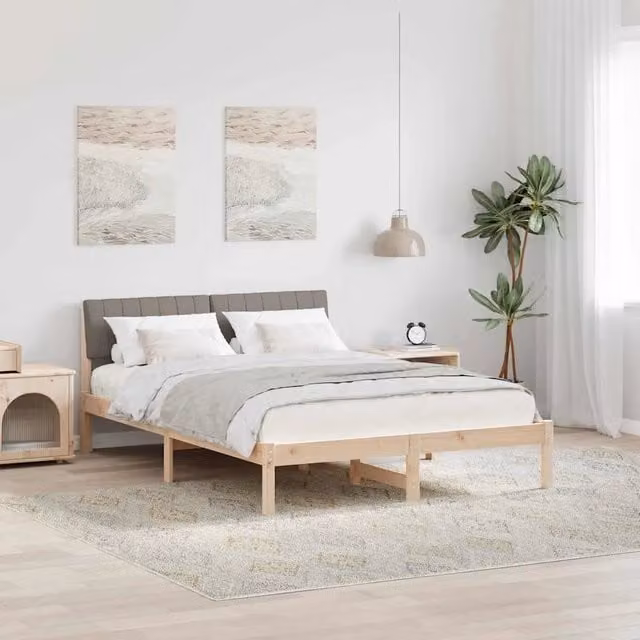 Struttura del letto con testiera in tessuto e legno massello di pino vidaXL, marrone e grigio, L: 140,5 cm x P: 200 cm x H: 204 cm