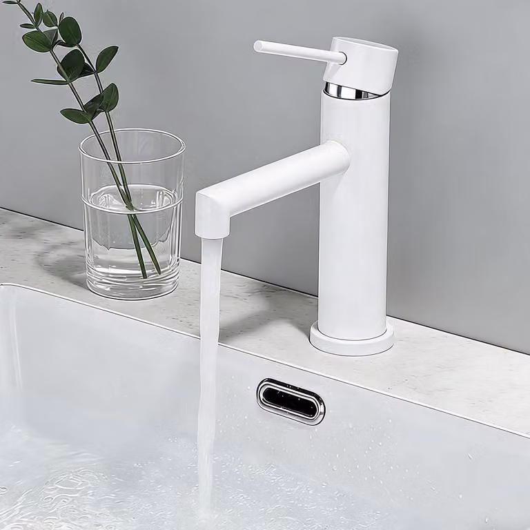 Miscelatore monocomando per lavabo, bianco, rubinetto da bagno, azionamento con una sola mano, per bagno