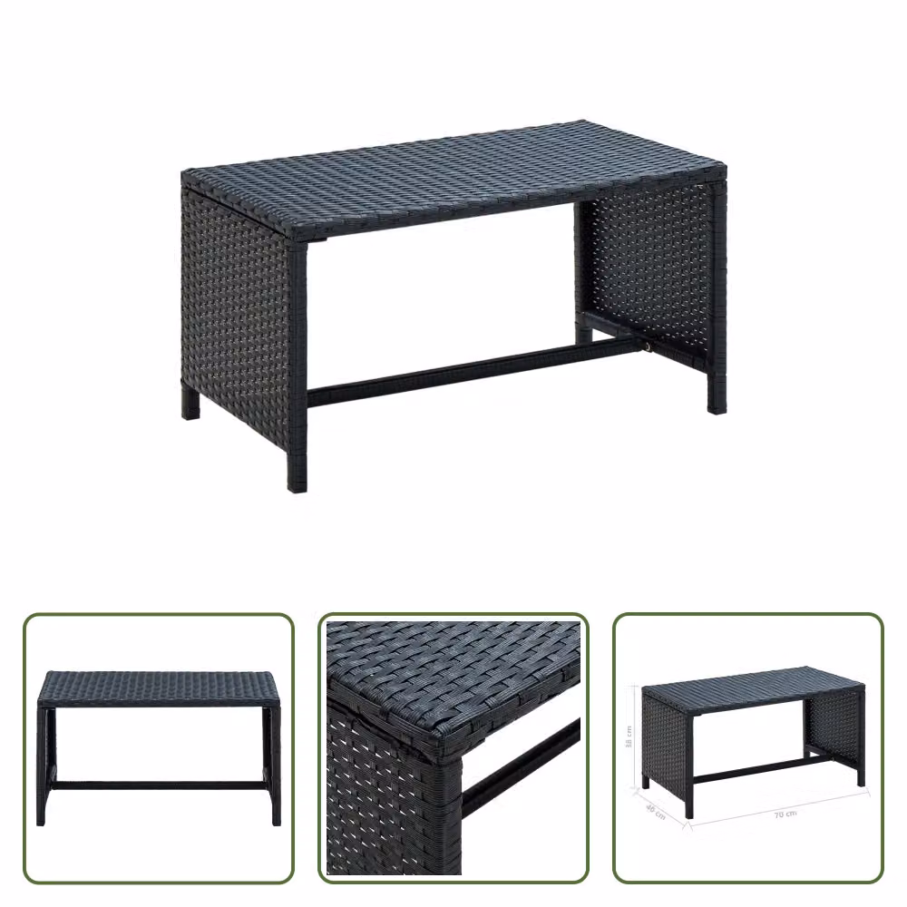 The Living Store Tavolino nero 70×40×38 cm Poly Rattan