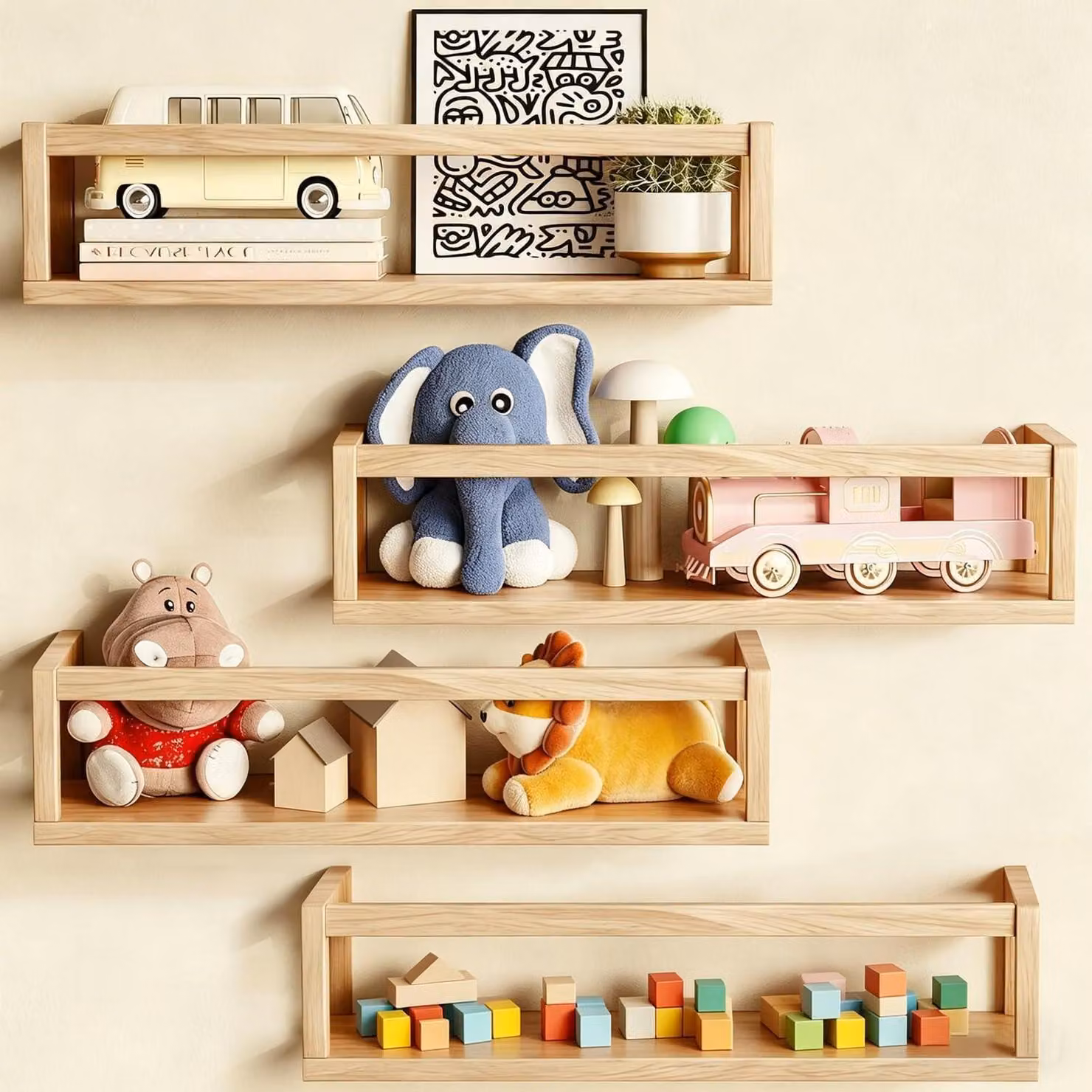 Set di 4 mensole da parete in legno, lunghezza 41 cm, ideali per camerette per bambini, stanze per neonati o soggiorni, perfette per decorazioni