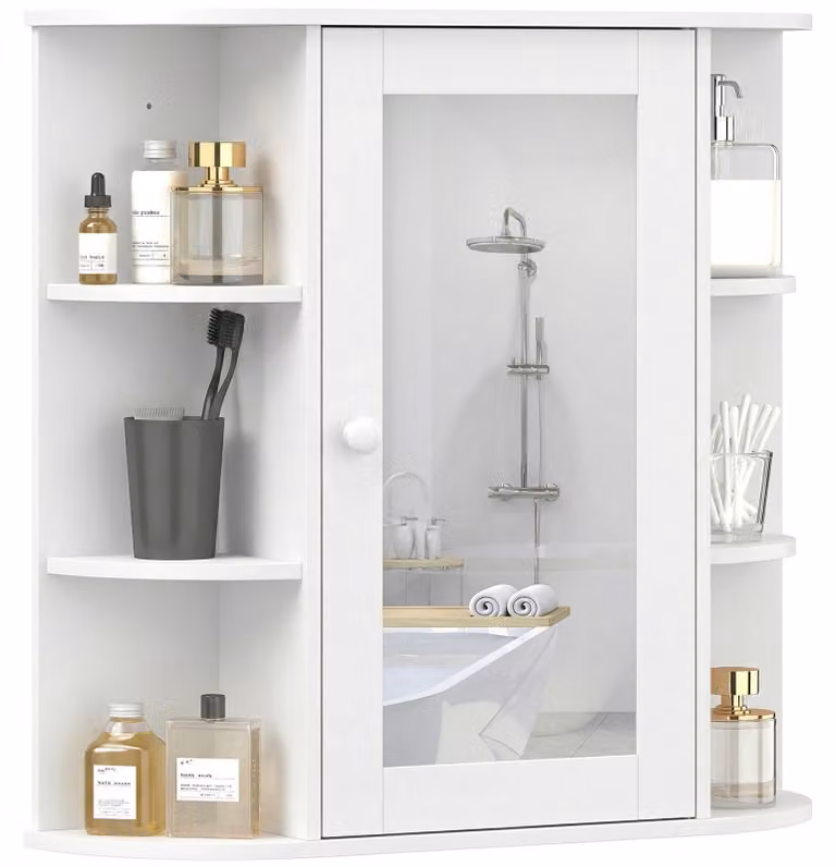 HOMCOM Mobiletto Pensile Da Bagno Con Specchiera, Anta Centrale E Mensole In Legno Bianco (60 X 17 X 63 Cm)