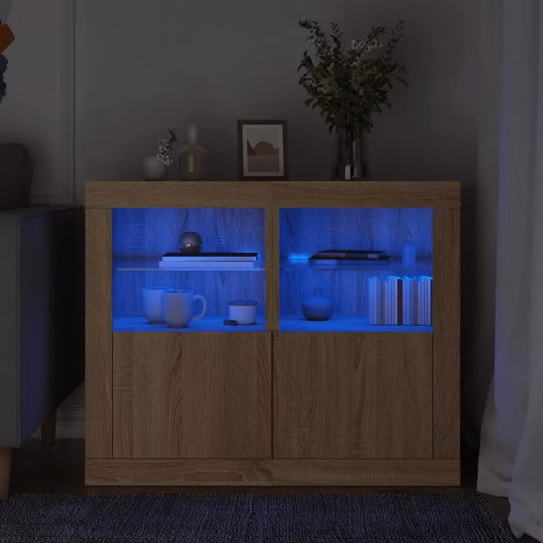 Set di 2 armadietti a parete vidaXL in legno Rovere Sonoma con luci LED integrate e ante in vetro, L/P/H: 67 x 41 x 37 cm