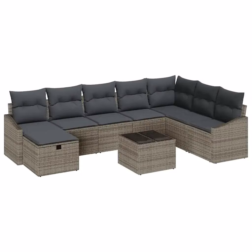 Set di divani da giardino vidaXL in rattan grigio con 8 pezzi, compresi cuscini e tavolino, design moderno a forma di L con struttura in acciaio verniciato a polvere – 2