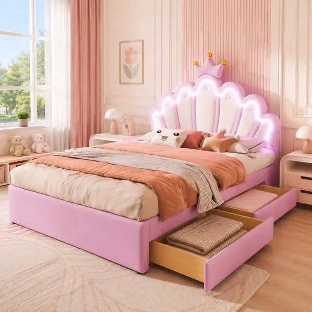 Letto imbottito per bambini 140x200 cm con illuminazione ambiente a LED e 2 cassetti, testiera regolabile, design corona, PU rosa