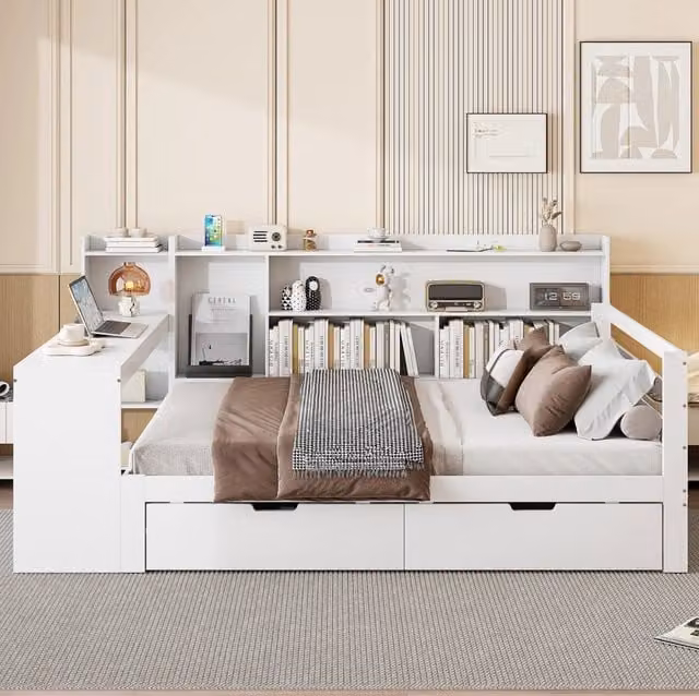 Letto multifunzione 140x200 cm bianco in legno con scrivania e cassetti